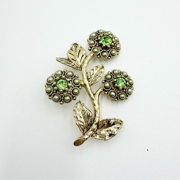 Liz Claiborne Green Rhinestone Seed Pearl Flower Spray pin brooch Gold Tone LC - Picture 6 of 7